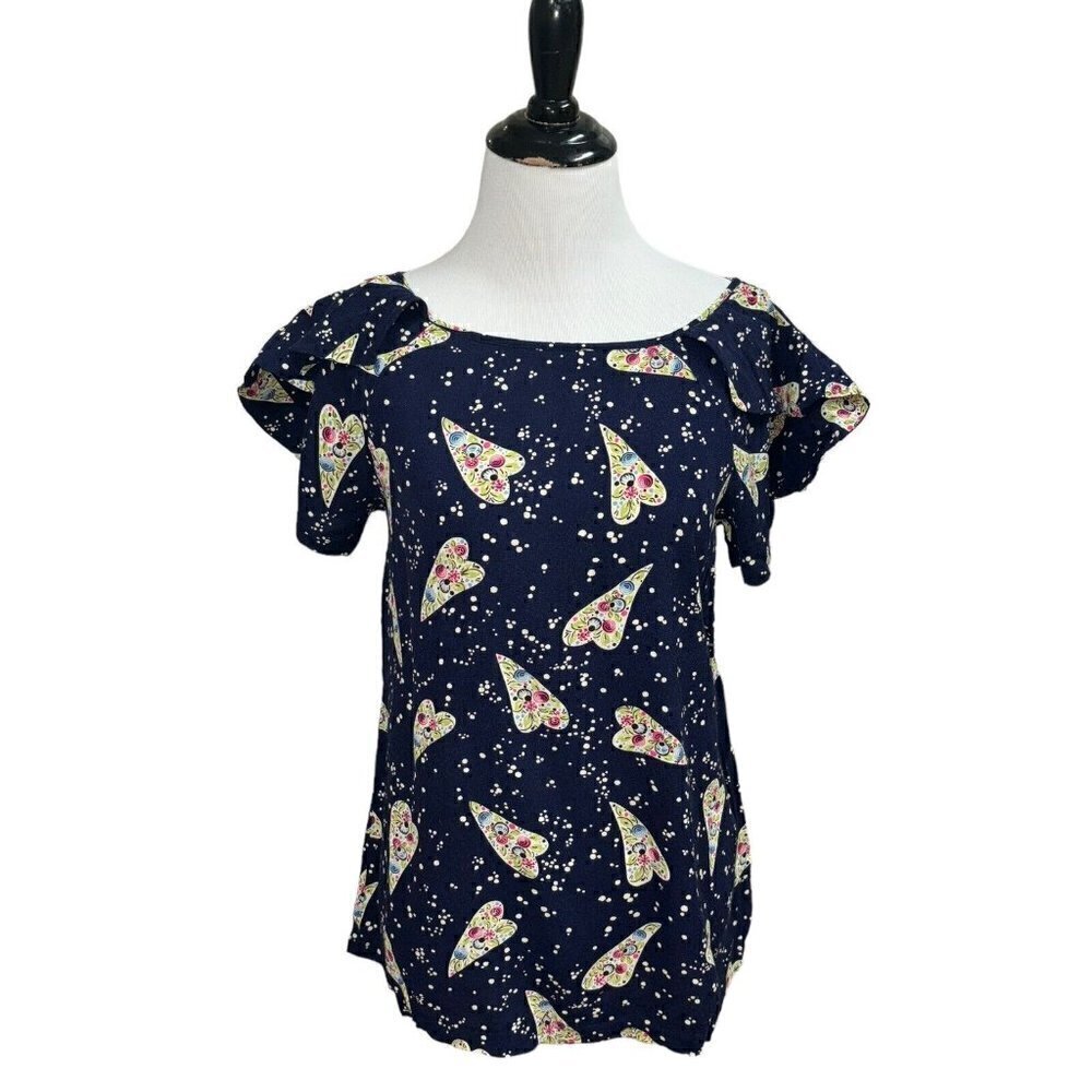 Anthropologie Odille Women's Size 2 A-Line Top Ruffle Sleeves Floral Heart Print